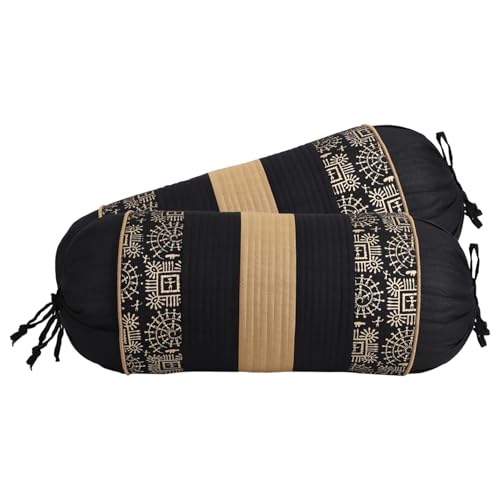 Image of Gifts Island Set of 2 Polyester Silk Traditional Hand-Block Printed & Striped Bolster Covers (Black)