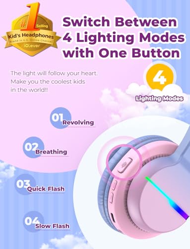 Image of iClever BTH12 Kids Headphones, Colorful LED Lights Kids Bluetooth Headphones with 74 /85 /94dB Volume Limited Over Ear, 40H Playtime, Built-in Mic for School /Tablet /PC /Airplane (Gradient Pink)