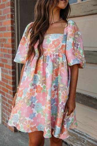 Adorable A-Line Mini Dress: Pink Summer Floral Square Neck Babydoll2