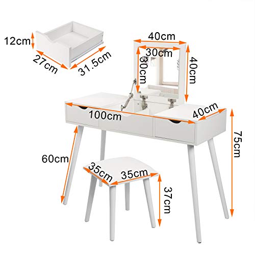 Laneetal Make-uptafel met spiegel, kaptafel met opklapbare spiegel, bureau 100x40x75cm, wit - Image 8