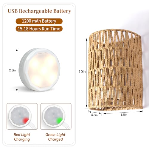 Image of FINCMY Boho Wall Decor Rechargeable Wall Sconce, 18 RGB Colors Dimmable Wireless Wall Lights Battery Operated Wall Sconce for Bedroom Living Room Hallway, Natural Hemp Rope Boho Decor