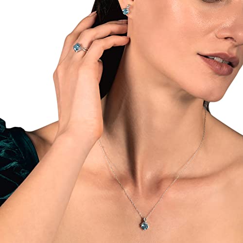 Jewelili Sterling Silver 6 Mm And 5 Mm Cushion Swiss Blue Topaz And Round Created White Sapphire Pendant Necklace 18" Cable Chain, Stud Earrings And Ring Jewelry Set #TOP4