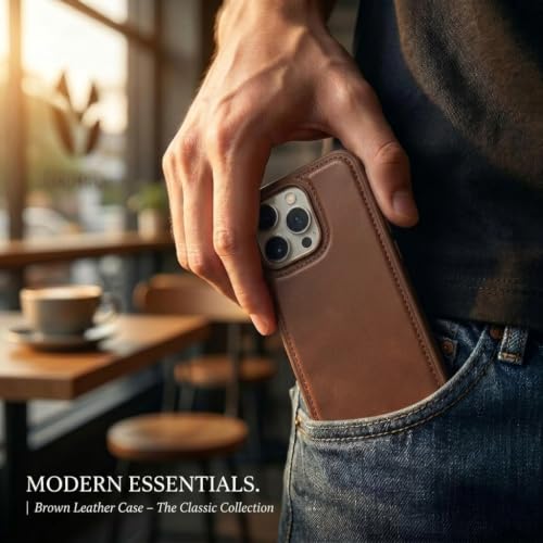 Image of amazon basics Premium PU Leather Case for iPhone 14 Pro, MagSafe Compatible Magnetic Ring, Sleek Protective Back Cover - [Brown]