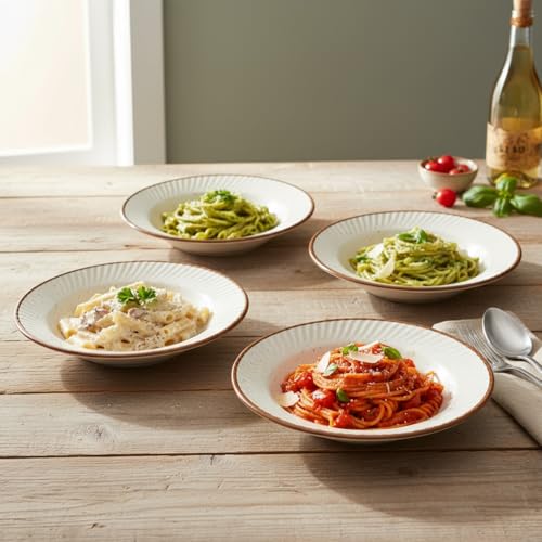 Image of Beyond Homes Ceramic Pasta Plates Shallow, 19 cm, Set of 4, White Brown | Matte Finish Ceramic Pasta Bowl | Stoneware Flat Pasta & Maggie Bowl | Chip Resistant | Microwave Safe (4, White Brown Border)