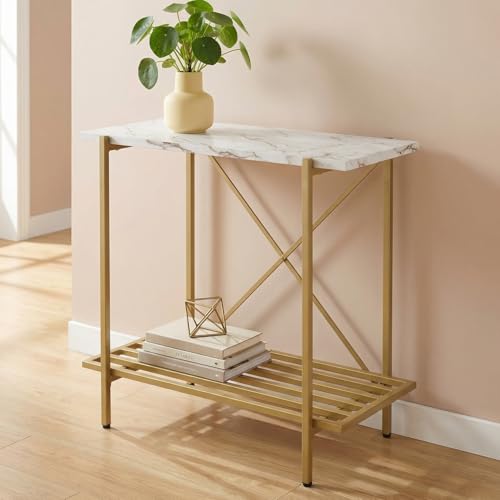 Image of ecofynd 26 Inch 2 Tier Console Table, Metal with Engineered Wooden top for Long Narrow Hallway, Entryway, Living Room, Dining Room, Office, Home Side Table Storage Shelves (WHTGO, CT005)
