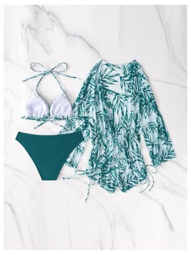 COZYEASE Women's 2025 Summer 3 Piece Swimsuits Tropical Print Bikini Set Halter Drawstring Bathing Suits with Cover Up2