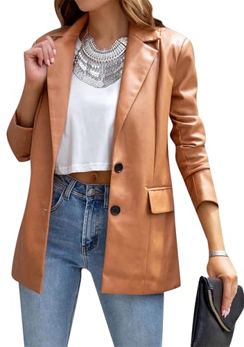 GORIFE Casual Classic Faux Leather Blazer for Women Button Down Soft Coat Fashion Long Sleeve Jacket with Pockets