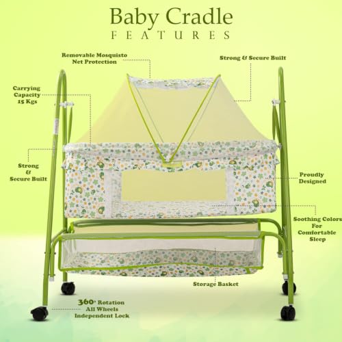 Image of BAYBEE Clora Baby Cradle and Swing with Mosquito Net | Jhula Palna for Newborns | 360 Rotating Lockable Wheels & Storage Basket | Green
