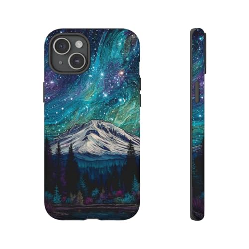 Coque iPhone 15 Plus bleu rigide mate motif psychédélique et design montagne