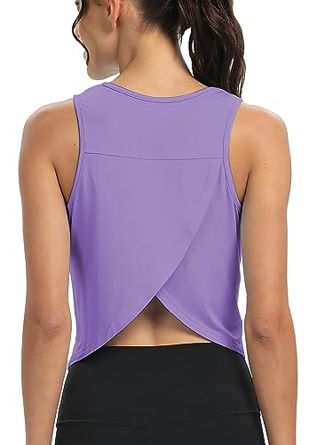 Image of Mippo Workout Tops for Women Cropped Open Back Sleeveless Tank Tops Athletic Gym Yoga Shirts Loose Fit