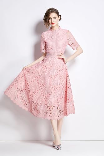 LAI MENG FIVE CATS Women's Retro Elegant Floral Lace Crew Neck Crochet Waist Cocktail Party Midi Dress3