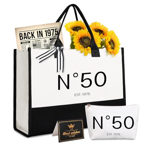Lamyba 50th Birthday Gifts for Her, 50s Birthday Decorations for Women/Wife/Mom/Friends/Sister, no 50 Tote Bag & Cosmetic Bag & Back in 1975 Poster