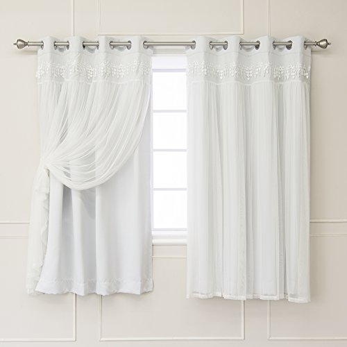 Best Home Fashion Lace Overlay Thermal Insulated Solid Blackout Curtains - Stainless Steel Nickel Grommet Top - Vapor - 52" W x 63" L - (Set of 2 Panels)