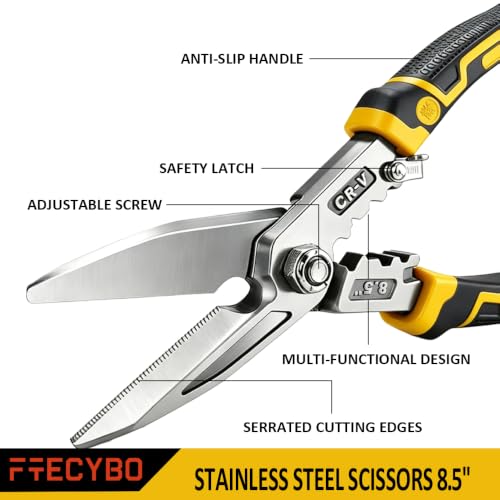 Image of Heavy Duty Industrial Scissors 8.5'', Utility Sharp Aviation Tin Snips, Finely Serrated CR-V Blades with Safety Lock, for Cutting Wires, Cardboard, Plastic, Carpet,red (Yellow)