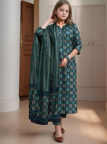 Image of Girls Printed Pure Cotton Kurta Pant with Dupatta
