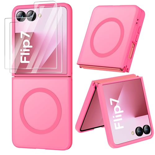 Image of ORETECH Magnetic for Samsung Galaxy Z Flip 7 Case, with [2 x Screen Protector] Translucent Back Non-Slip Hard PC Shockproof Bumper Protective Case for Samsung Z Flip 7 - Hot Pink