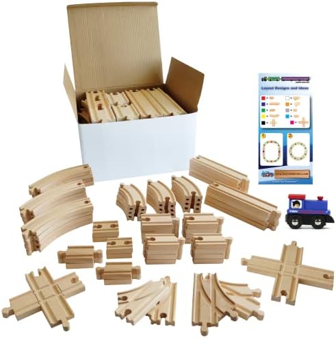 Tiny Conductors 67 Piece Wooden Train Track Set with Train Car, 100% Real Wood, Compatible with Thomas and All Other Major Brands Wooden Toy Railroad Sets (67-Piece)