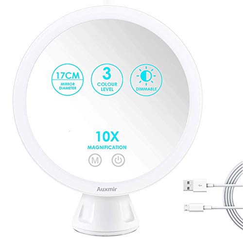 Auxmir Espejo Maquillaje con Luz LED 10X Aumento Espejo Cosmético Iluminoso con Ventosa, 360 Rotación, 3 Luces Ajustables Brillo Regulable Recargable Portátil, para Afeitado Maquillaje, Blanco