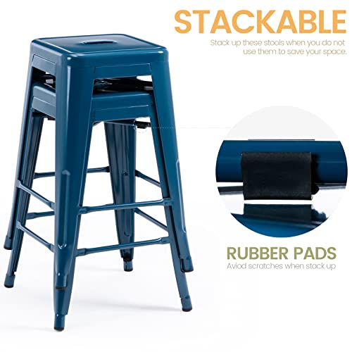 Vogue Furniture Direct 24 Inch Metal Bar Stools, Backless Counter Height Barstools, Indoor Outdoor Stackable Stools With Square Seat, Set Of 2 (Deep Blue) #TOP5