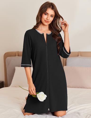 Ekouaer Zip Up Robes for Women Short Waffle Bathrobe Lightweight house coat 3/4 Sleeve Soft Nightgown with Pockets S-3XL2