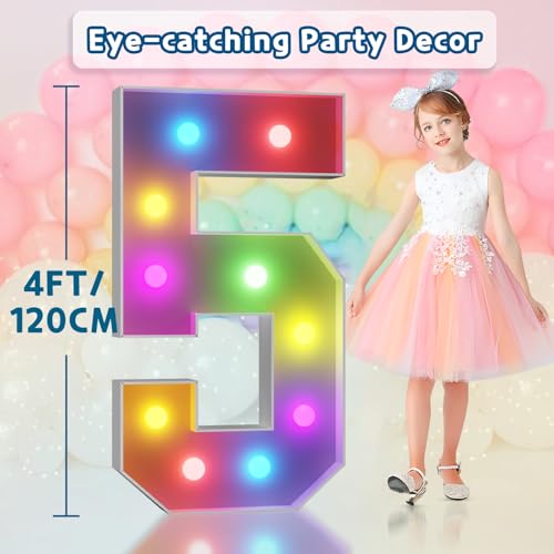 Image of Imprsv Colorful 4FT Marquee Numbers 5, 18 Colors Large Light up Numbers | RGB with Remote, Birthday Party Decorations Anniversary Wedding Decorations Assembly Required 23 Pcs Accessory Set