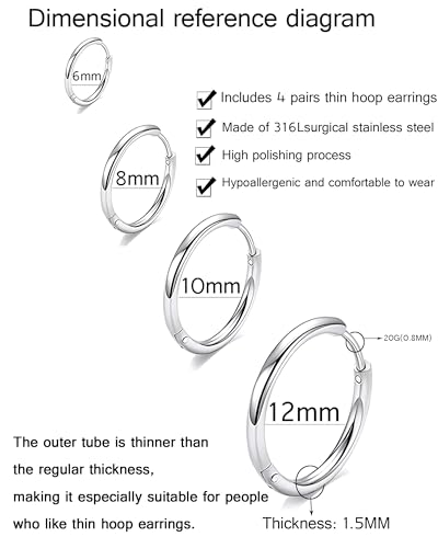 316L Surgical Stainless Steel Huggie Hoop Earrings 6mm 8mm 10mm 11mm 12mm 14mm Hypoallergenic Earrings Hoop Cartilage Helix Lobes Hinged Sleeper Earrings For Men Women