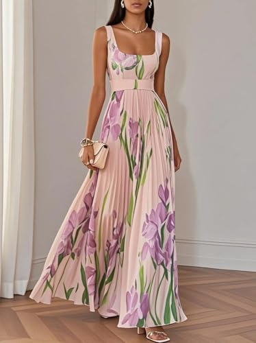 Women's Square Neck Floral Dress-Elegant Pleated Maxi Dress with High Waist Sleeveless Design Women Wedding Guest Dress Boho4