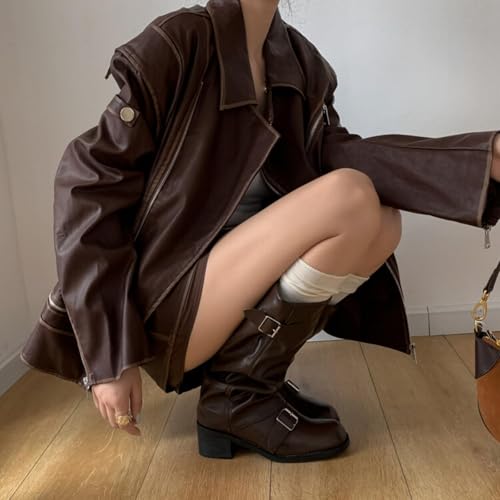 Image of Goolita Women's Buckle Biker Knee High Boots Square Toe Chunky Heel Star Moto Mid Calf Boots Slip On Motorcycle Riding Boot