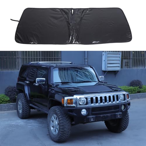 Car Windshield Sun Shade with Storage Pouch Compatible with Hummer, Reflective 240T Material Sun Visor with Mirror Cut-Out, Foldable Sun Shield for Heat and UV Protection (for H3 2005-2009 Black)