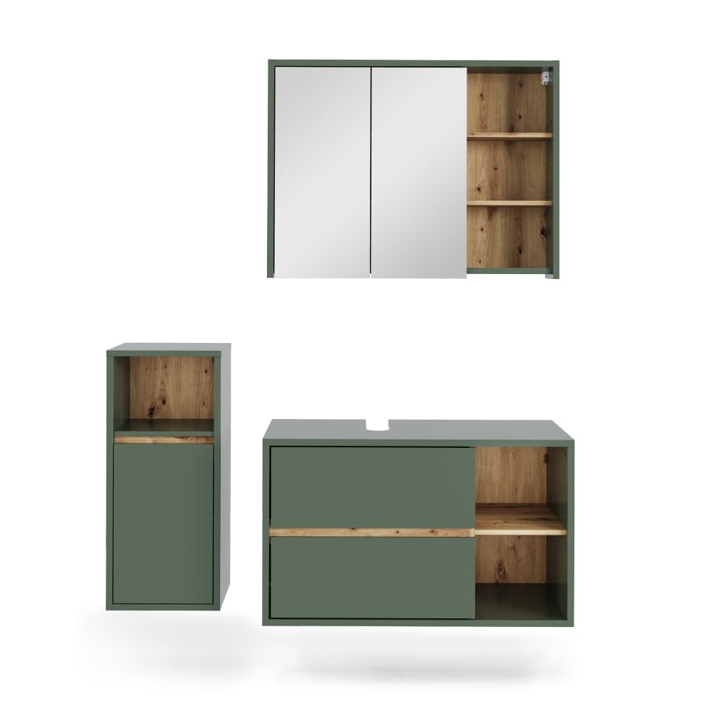 Vicco Badmöbel-Set Viola, Grün/Artisan, 100 cm, besteht aus Waschbeckenunterschrank, Spiegelschrank und Midischrank