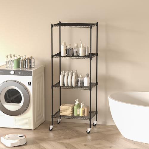 Image of 4 Tier Storage Shelves with Wheels, Heavy Duty Metal Garage Shelving Unit and Adjustable Feet, 865lb High Capacity Rolling Storage Shelf for Kitchen, Office, Dining Room (23.6 inchx 17.7 inchx 59 inch), Black