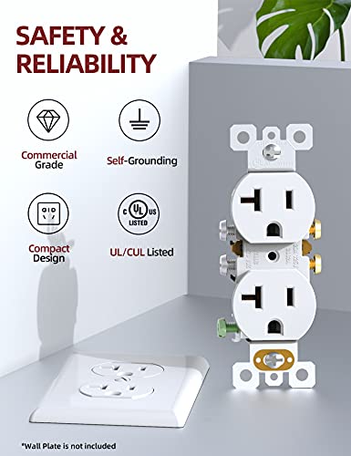Aida Duplex Receptacle Wall Outlet, 20Amp 125V Wall Outlet, Residential, 3-Wire, Self-Grounding, Ul Listed, Side Wire Only, White (10 Pack) #TOP1