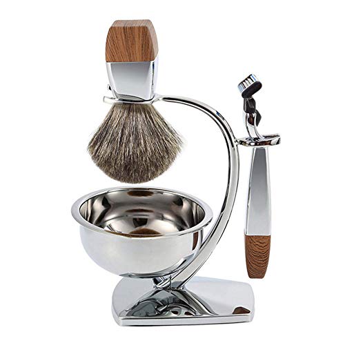 Shaving Brush Set 3in1 Pure Badger Hair Shaving Brush Natural Solid Wood Handle and Stainless Steel Shaving Stand for Men Wet Shaving