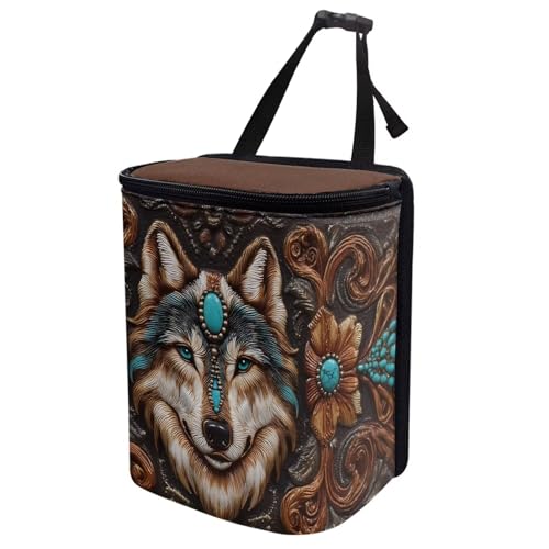 Image of Talayituse Vintage Brown Wolf Print Car Trash Bin, Large Size Auto Trash Can Adjustable Portable Garbage Can with Lid, Vehicle Hanging Bag for Headrest Front Back Seat