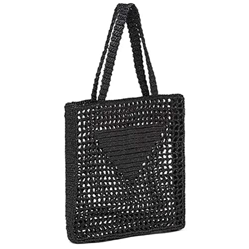 QWERTYUI Handgemachte Strohtasche Für Damen, Pastoralstil Weben Hohle Umhangetasche Outdoor Reisen Strand Angeln Netztasche Handtasche Mit Gewebter Futtertasche,Schwarz Cover