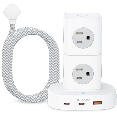 DEPOW Power Strip Tower Surge Protector with 9 Outlets 3 USB (2 USB C), 5Ft Braided Extension Cord with Multiple Outlets, 1700J Surge Protection, Detachable Charging Station for Home Office Dorm