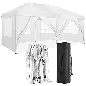 TOOLUCK Vouwpaviljoen, 3 x 6 m, waterdicht, stabiel, flatpaviljoen, pop-up outdoor tuintent met 6 zijpanelen, wit