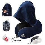 Travel Pillow with Extra Large Hood for Airplane Long Flights Privacy and Comfort Memory Foam with Velvet Cover for Road Trip Head&Neck Support for Plane Office Cars Sleeping & Rest (Navy Blue)