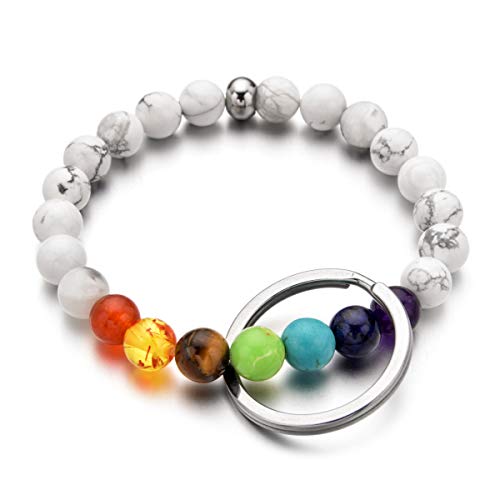 Wrist Keychain Bracelet 7 Chakra Beaded Stretch Healing Bracelet Wristband Keychain for Outdoor Office
