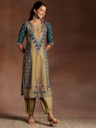 Image of Libas Womens Printed Cotton Straight Kurta With Salwar and Dupatta M | daily wear suit