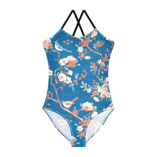 KLL Watercolor Floral Vintage Pattern Flowers Birds Girls' 1 Piece Swim Suit Summer Swimming Suits with Adjustable Straps