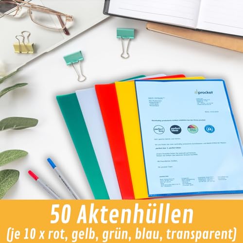 perfect line – 50 Aktenhüllen A4 farbig sortiert – genarbte Einsteckhüllen mit Öffnung oben & seitlich (Typ L), 5 Farben, 95 µ Folienstärke – dokumentenecht, säurefrei, reißfest, Made in EU
