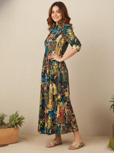 Image of Leriya Fashion Dress for Woman Rayon Printed Maxi Dress | V Neck Half Sleeve Flared Casual & Party Look Long Dress