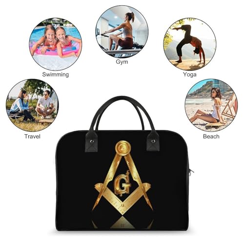 Men's Large Carry On Bag, Travel Bag Fashion Duffel Bag, Portable Weekend Overnight Hand Bag, Airplane Portable Bag Compatible with Gold Freemason Freemasonry Masonic4