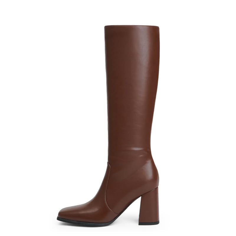QIY Chunky Heel Square toe Knee High Boots for Women Brown Side Zipper Tall Boots Womens Block Heel...