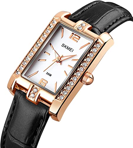 Skmei Watches For Women Leather Band Slim Square Small Waterproof Fashion Casual Simple Analog Quartz Girls Gifts Wrist Watch (Black Leather) #TOP3