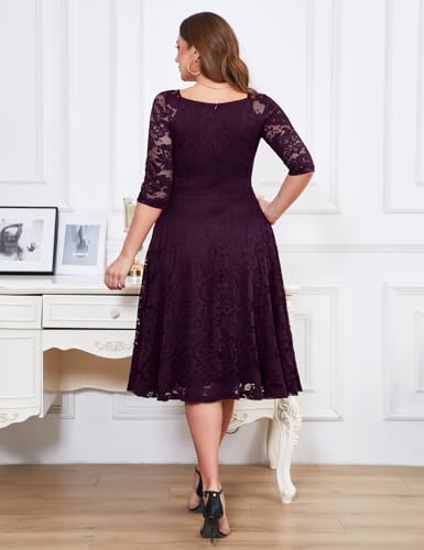 Image of Dressystar Womens Long-Sleeve Wedding Guest Dress A-Line Lace Formal Party Cocktail Midi Dress Prom Gown