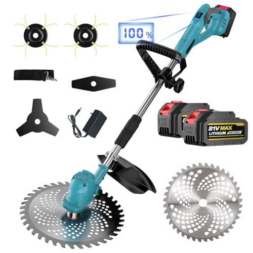 Tagliaerba a batteria 9 pollici con display LCD, motore brushless da 1200 W, decespugliatore multifunzione a batteria con 2 batterie, asta telescopica e testa di taglio regolabile, per prato, erbacce