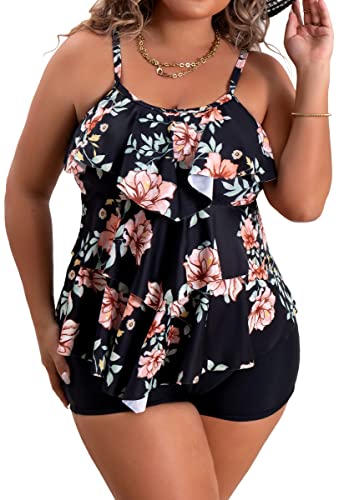 B2prity Women Plus Size Tankini Swimsuits Tummy Control Two Piece Bathing Suit Ruffled Flounce Swimwear with Shorts