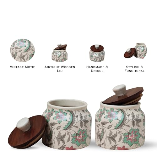 Image of Vistas 'Vintage Pastel' Airtight 380ml Set of 3 Ceramic Jar for Kitchen Storage | Handcrafted Ceramic Barni with Wooden Lid | Multipurpose Pickle, Spice & Salt Container